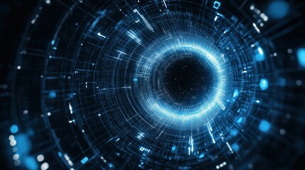 Abstract Digital Tunnel with Blue Glowing Grid and Particles
