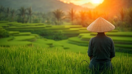 a traditional asian farmer in a lush green rice field