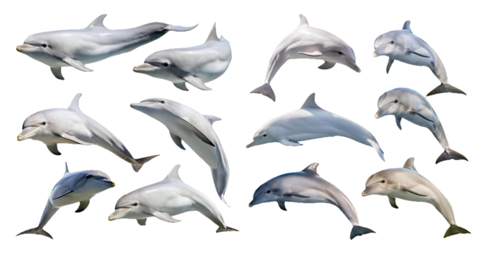 Dolphins performing various swimming poses isolated on transparent background