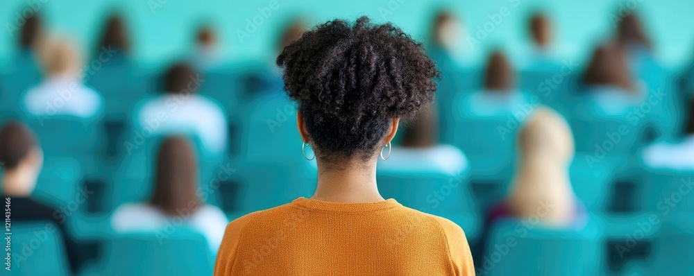 Poster Automated teaching ai idea. A woman sits in a conference, focusing on the speaker in front of an engaged audience.