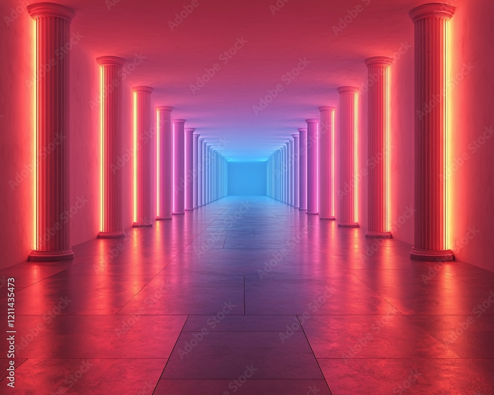 Aufkleber neon-lit corridor with classical columns.