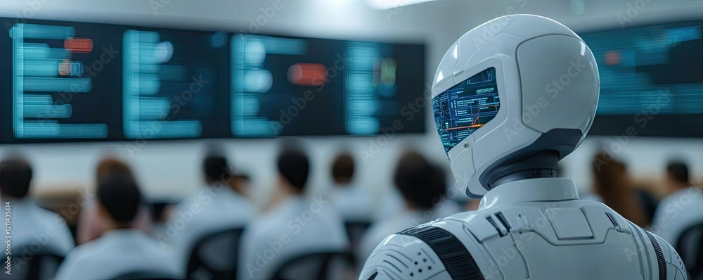 Poster Student progress ai idea. Futuristic robot observing a presentation in a high-tech conference room.
