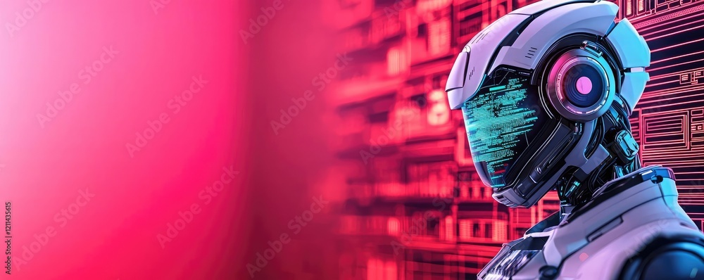 Poster Student progress ai idea. Futuristic robot with digital interface against a vibrant background.