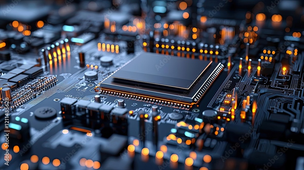 Poster Automated teaching ai idea. Close-up view of a modern microchip on a circuit board with glowing elements.