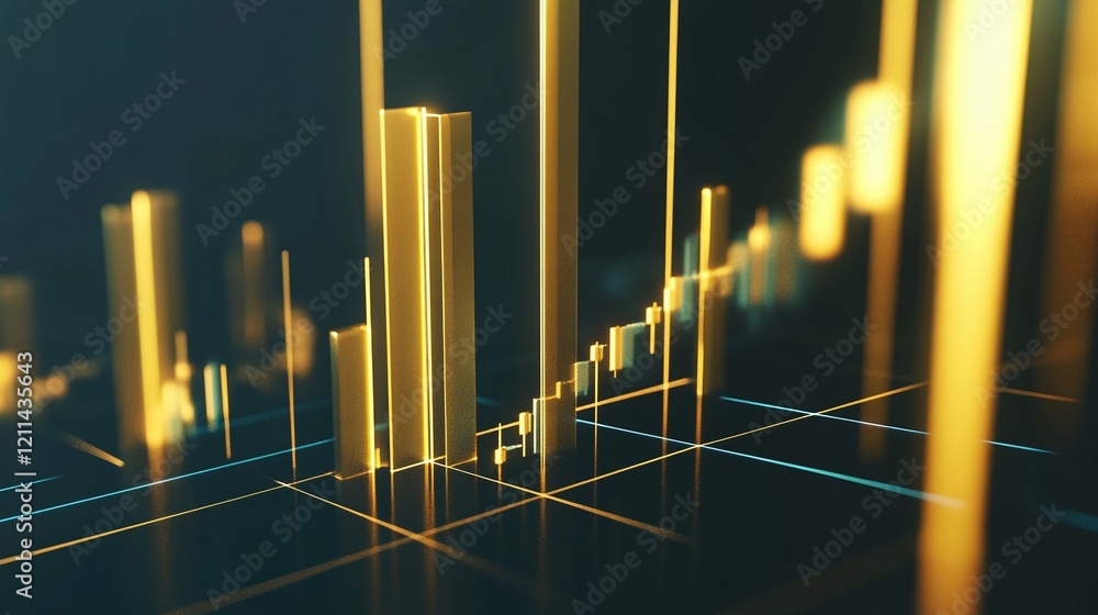 Aufkleber 3d render of golden financial data points connected by radiant lines set against a dark gradient bac