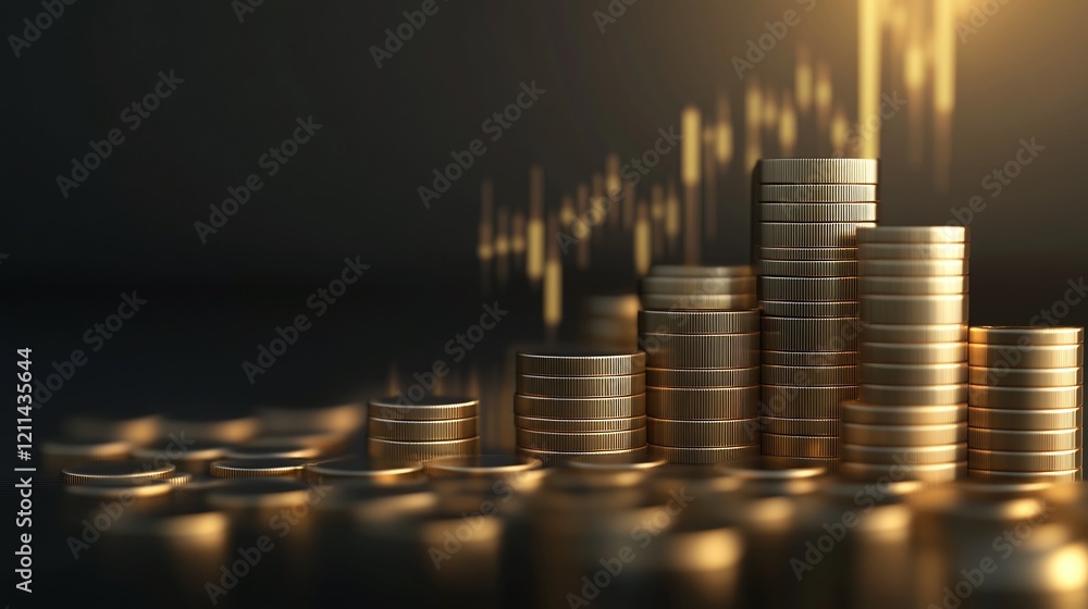 Aufkleber 3d render of golden financial data points connected by radiant lines set against a dark gradient bac