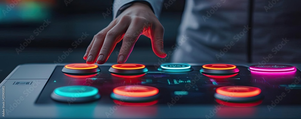 Aufkleber Automated teaching ai idea. Creative hand interacting with a modern illuminated control panel in a dark setting.