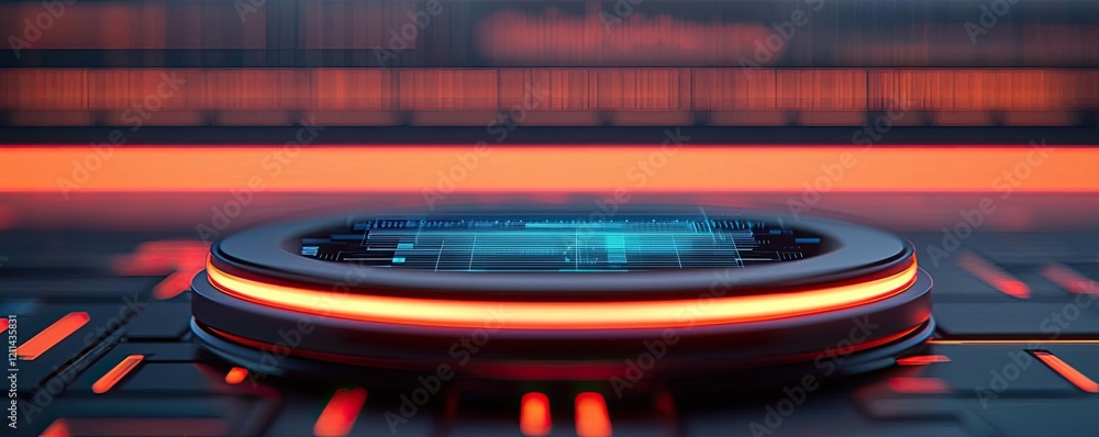 Poster Automated teaching ai idea. Futuristic technology interface with glowing elements and digital screen.