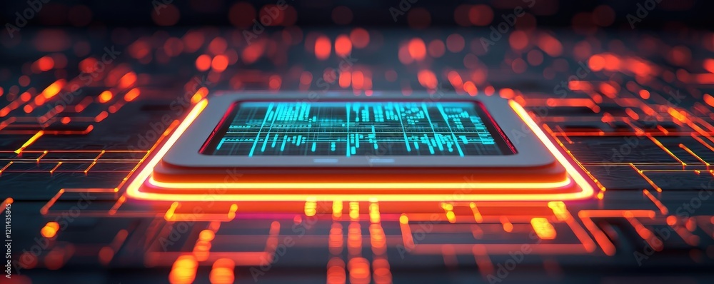 Poster Automated teaching ai idea. Futuristic circuit board with glowing microchip on a dark background, showcasing technology.