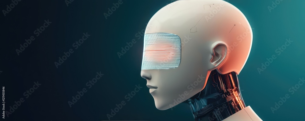 Aufkleber Intelligent tutoring ai concept. Futuristic robot head with blindfold, symbolizing advanced AI concepts and innovation.