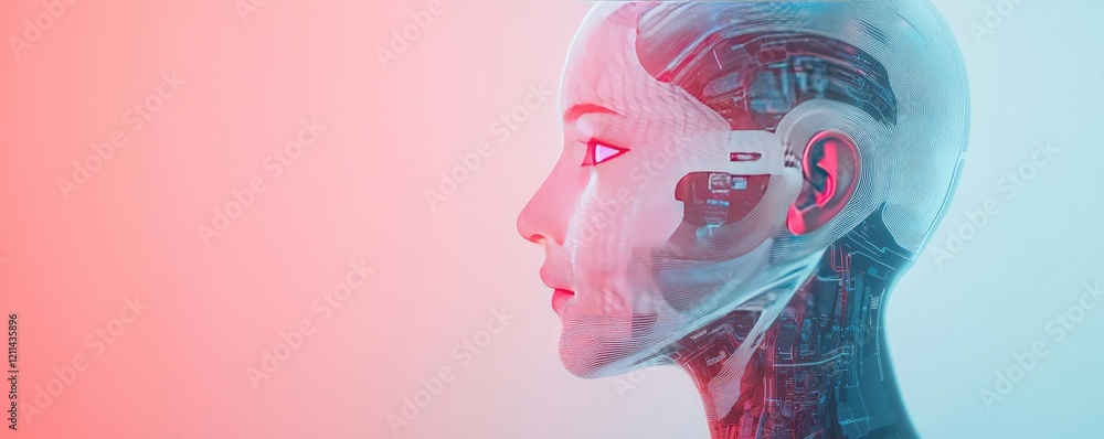 Poster Intelligent tutoring ai concept. Futuristic robot head highlighting advanced technology and innovation.