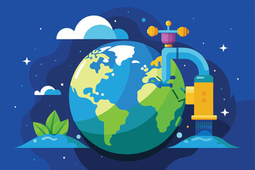 A vibrant illustration shows the Earth with a tap pouring water, symbolizing global access to clean water fill the earth with tap water