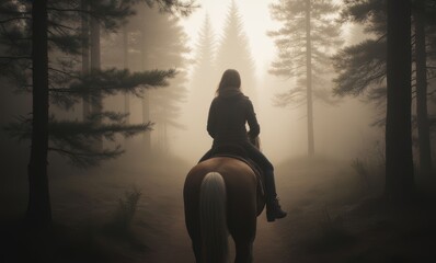 Woman riding horse through misty forest