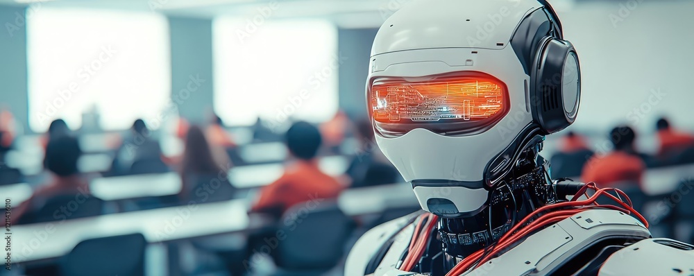 Poster Automated teaching ai idea. Futuristic robot stands in classroom, embodying AI technology and innovation.