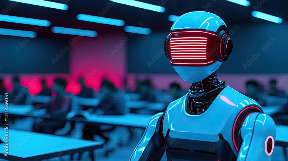 Poster intelligent tutoring ai concept. futuristic robot in a classroom setting, highlighting ai advancemen