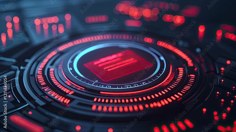 Poster Student progress ai idea. Futuristic red digital interface with glowing elements and intricate designs.