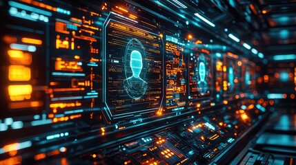 Naklejka premium Intelligent tutoring ai concept. Futuristic digital interface with glowing patterns and user profiles displayed.