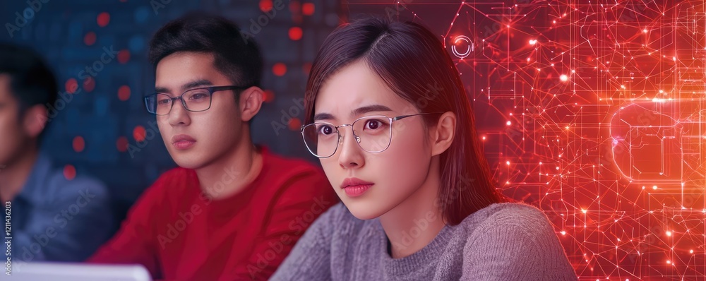 Poster intelligent tutoring ai concept. focused young woman in glasses working on digital technology concep