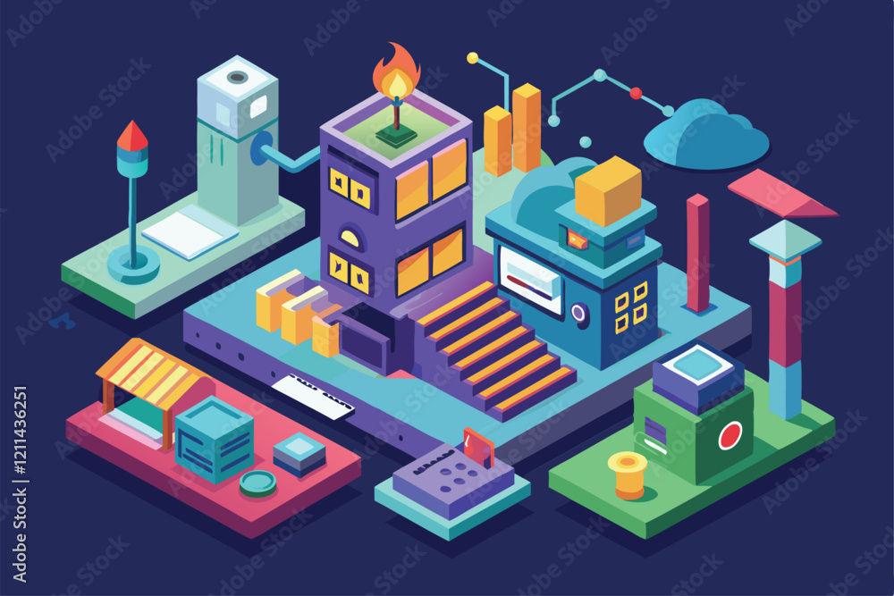 Poster an engaging urban landscape features modern architecture and animated elements in a colorful design 