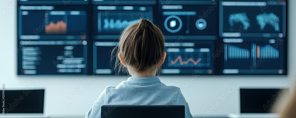 Poster Student progress ai idea. A young child observes data analytics on multiple screens in a modern office.