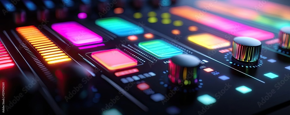 Aufkleber Automated teaching ai idea. Close-up of a colorful audio mixer with glowing controls and vibrant lights.
