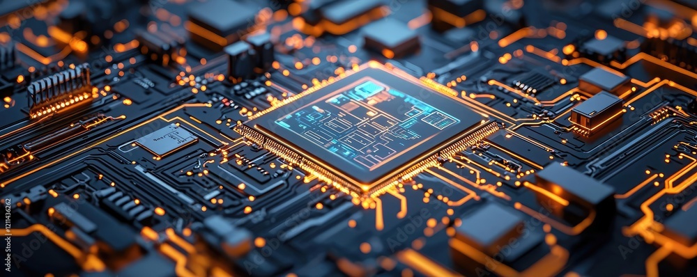 Poster Intelligent tutoring ai concept. Close-up of a modern microchip on a circuit board with glowing connections.