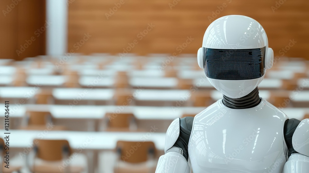 Poster intelligent tutoring ai concept. a humanoid robot stands in a modern classroom, showcasing advanceme