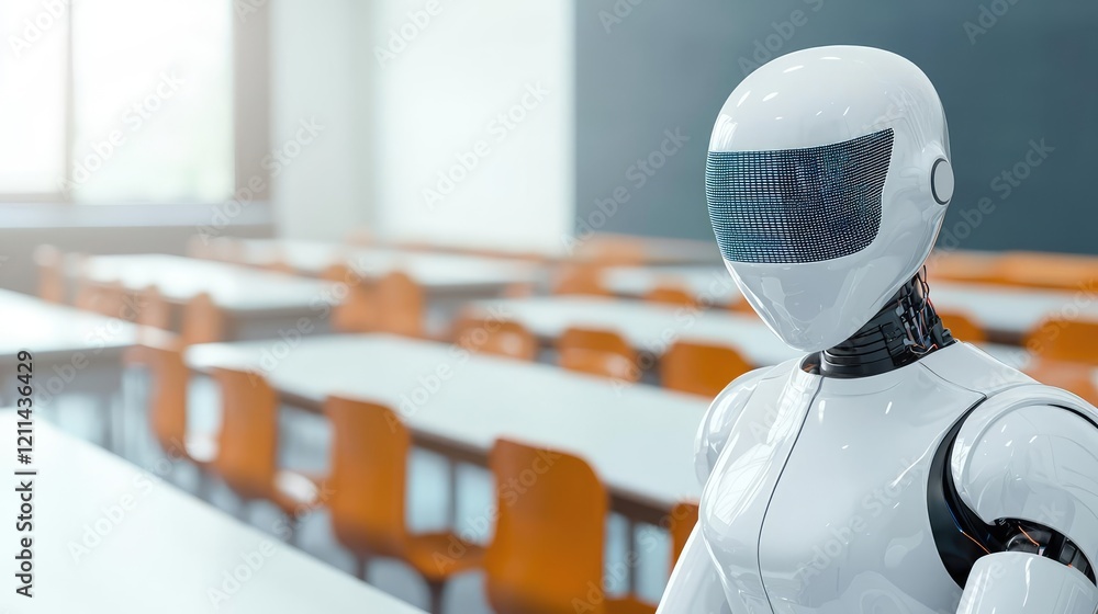 Aufkleber Intelligent tutoring ai concept. A futuristic robot stands in an empty classroom, showcasing advanced artificial intelligence.