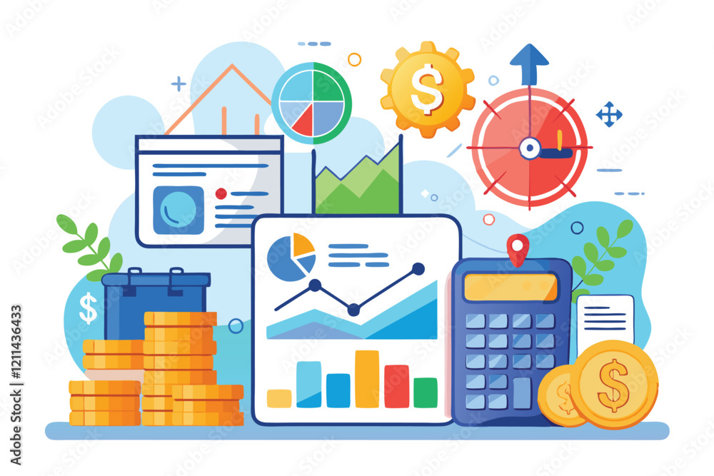 Poster visual representation of financial accounting and calculations focused on income analytics with tool