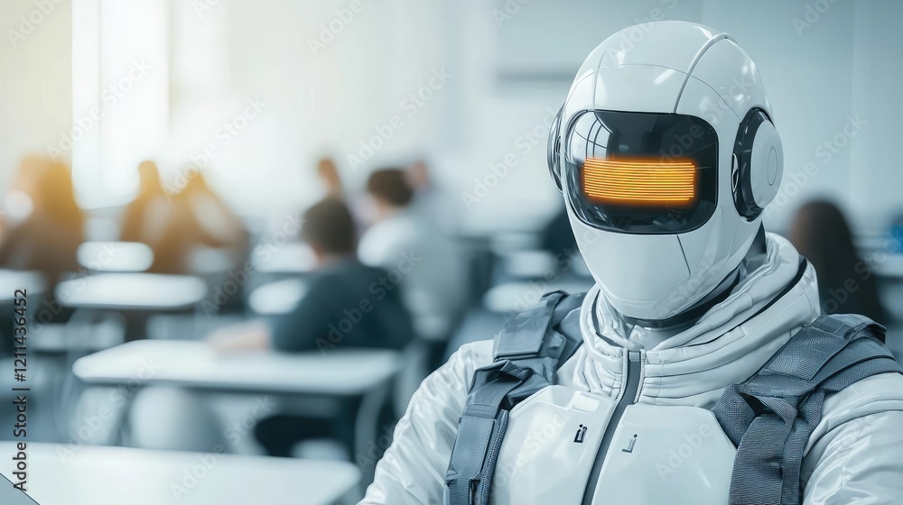Poster Intelligent tutoring ai concept. Futuristic robot in a classroom, blending education with advanced technology.