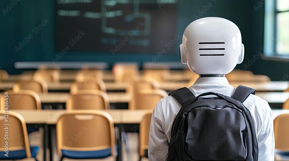 Poster intelligent tutoring ai concept. a humanoid robot stands in a classroom, symbolizing future educatio