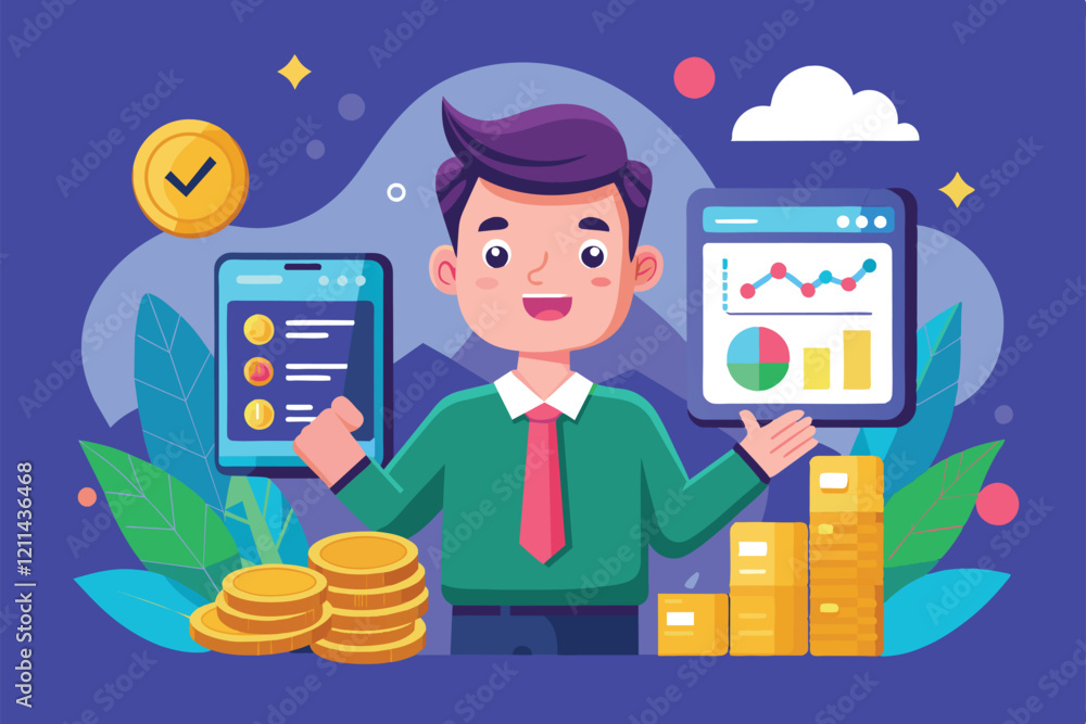Aufkleber cartoon character manages a finance app surrounded by coins and data graphics in a vibrant setting f
