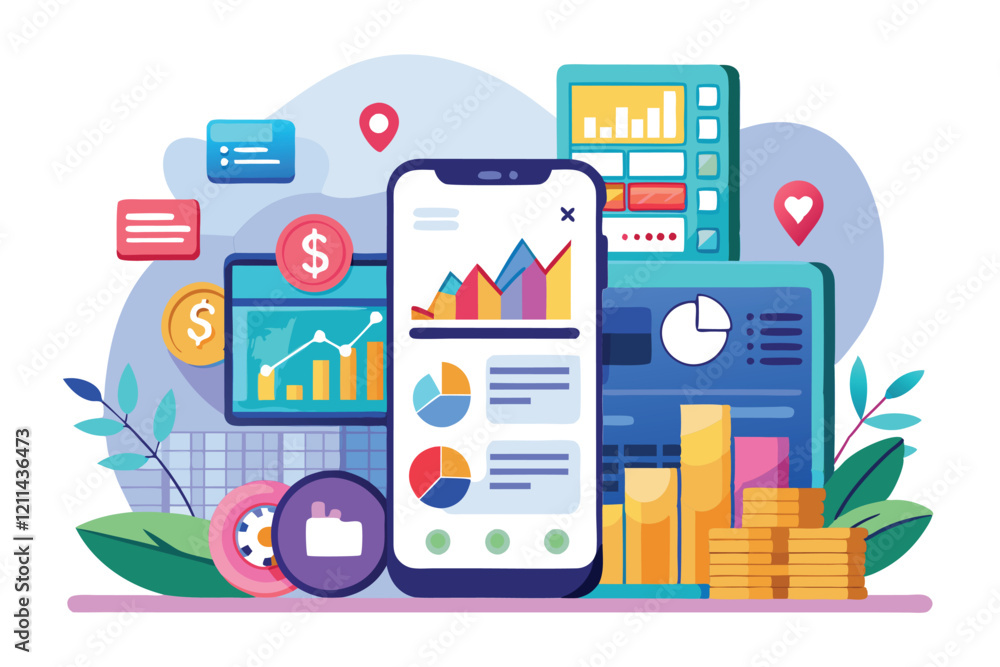 Poster a finance app displays customizable graphs and charts alongside interactive elements and digital cur