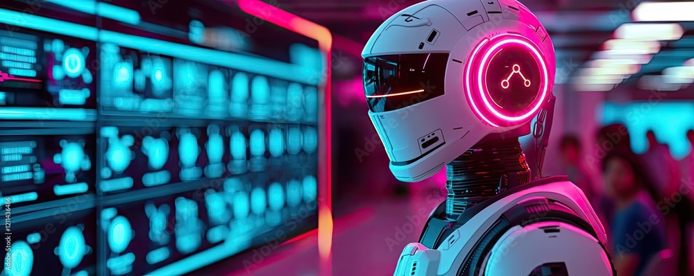 Poster Intelligent tutoring ai concept. Futuristic robot with neon lights in a high-tech environment.