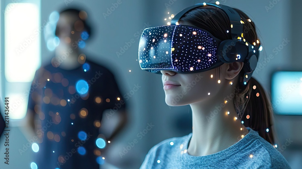 Poster intelligent tutoring ai concept. young woman using virtual reality headset in a modern tech environm