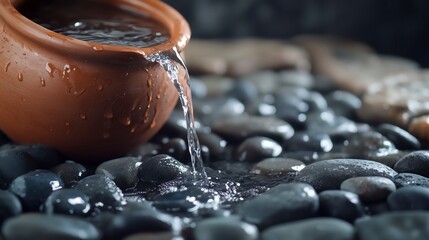 Clay jug pouring water onto smooth black stones in a peaceful setting, perfect for zen-inspired decor Copy space for text 