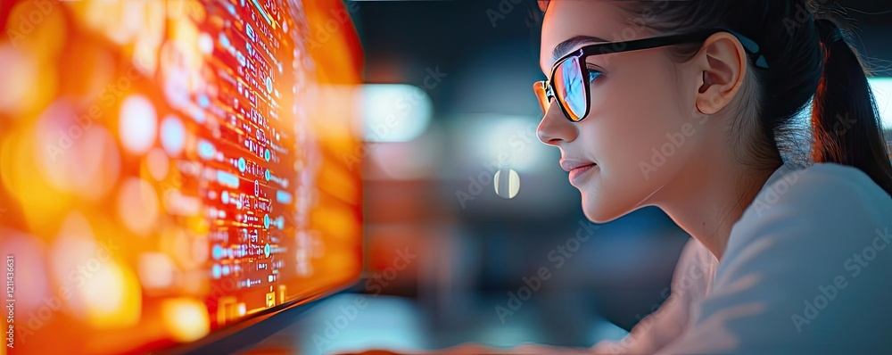 Aufkleber Intelligent tutoring ai concept. Focused woman coding on computer at a tech workplace with modern interface.