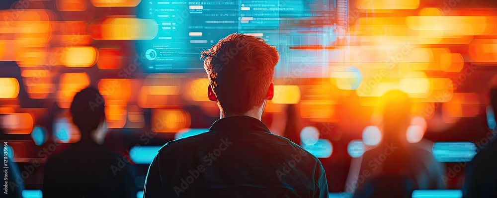 Poster Student progress ai idea. A person observes digital data in a futuristic workspace, illustrating innovation and tech.
