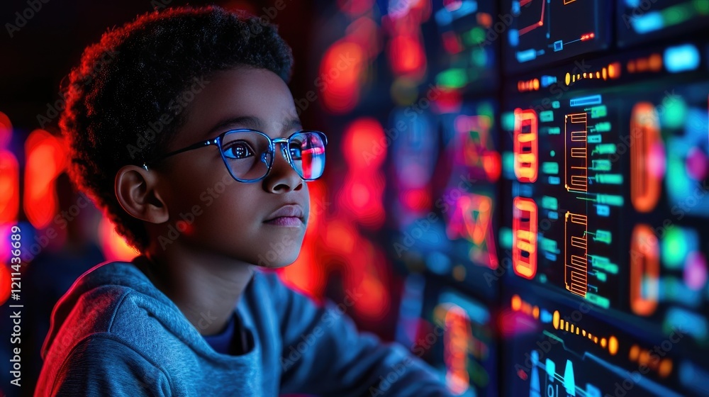 Aufkleber Student progress ai idea. Focused child exploring digital technology and coding on a futuristic interface.