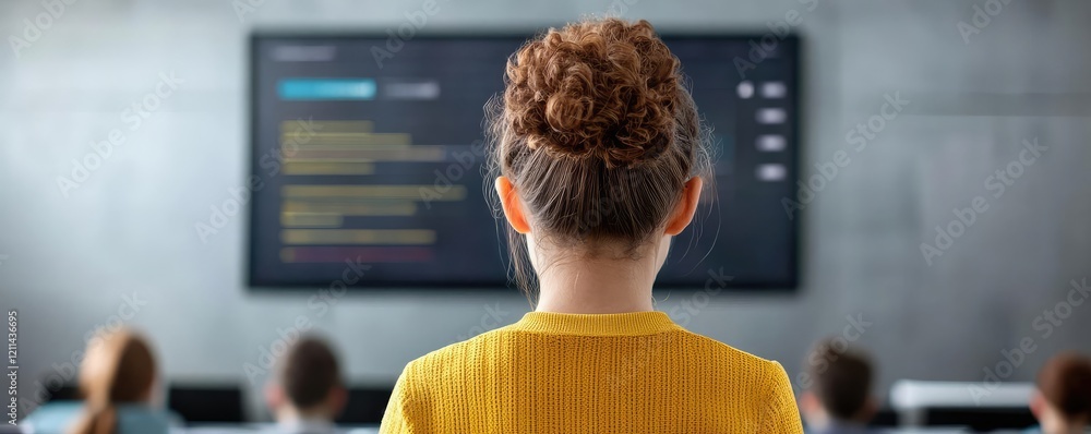 Poster Automated teaching ai idea. Young girl learning programming in a modern classroom setting with screens.