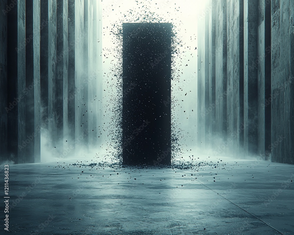 Poster Dark, monolithic structure dissolving into particles within a misty, geometric corridor.