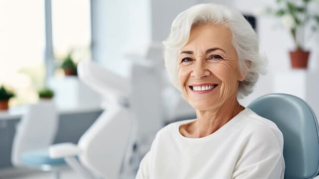 Smiling senior woman with new dental implants sitting in white dental office. Video with happy healthy old lady in medical clinic with copy space for text. An elegant elderly woman visits a doctor.