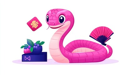 Fototapeta premium Joyful Pink Snake with Festive Flowers and Fan - Chinese New Year Vector Illustration