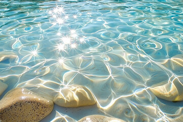 crystal clear water flowing over smooth river rocks, sunlight creating sparkles on the surface, low angle shot, natural movement, pristine quality. vacations