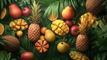 Tropical fruit composition with palm leaves and coconut husks