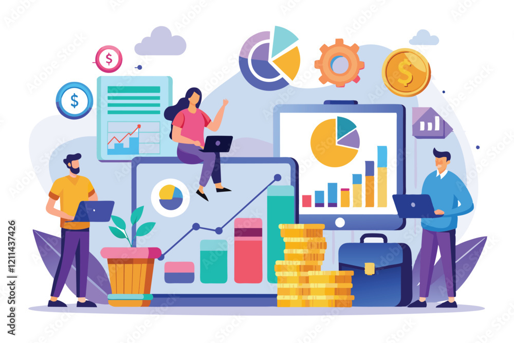 Poster a team collaborates on financial analysis using charts and graphs in a contemporary office setting f