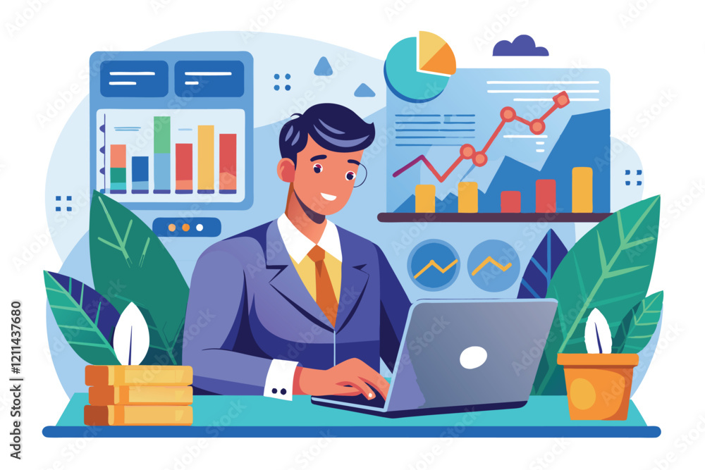 Poster a financial analyst inputs data and reviews trends on a laptop in a contemporary office setup financ