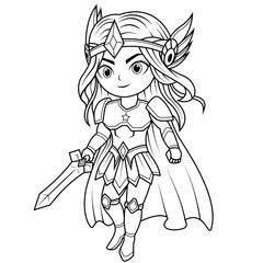 Chibi valkyrie cartoon holding sword line art