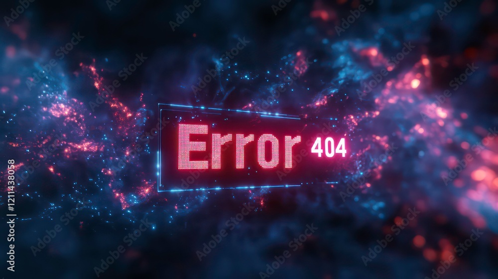Poster glowing neon 'error 404' message amidst digital particles.