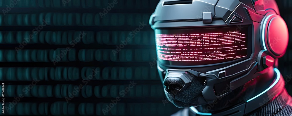 Poster Pet ai concept. Futuristic helmet with digital display showcasing advanced technology.
